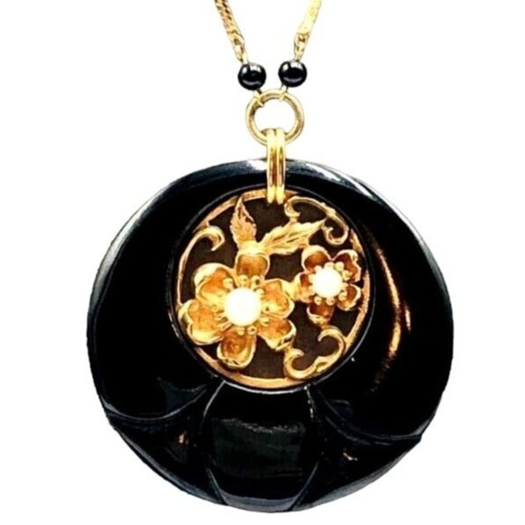 14k Yellow Gold Womens Necklace Black Onyx Pearl Pendant...